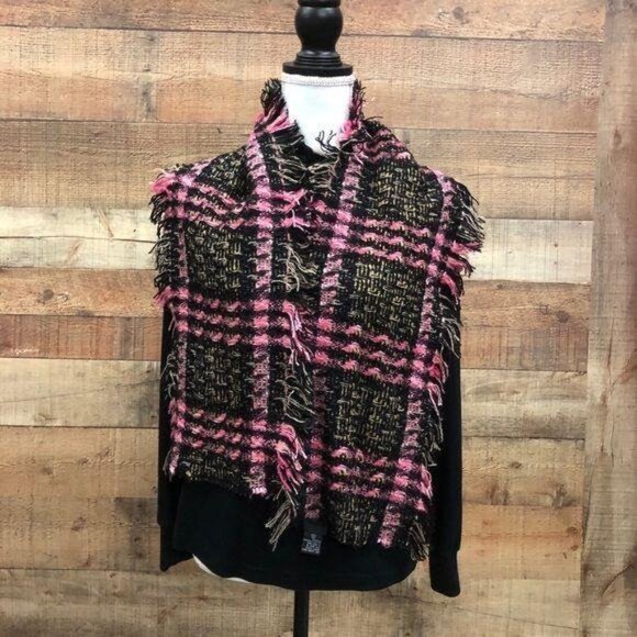 Tanner Wool Blend Fringed Pink Gray and Black Winter Plaid Scarf - Picture 2 of 7